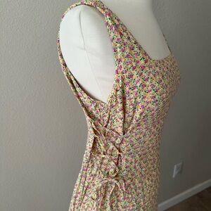 90s Square Neck Adjustable Side Tie Up Yellow Floral Sleeveless Maxi Dress